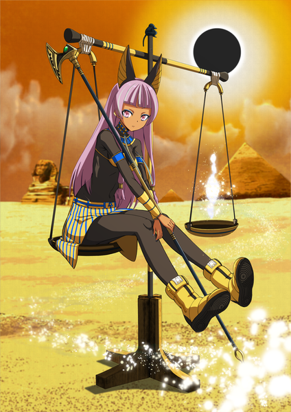 Anime picture 1200x1697 with original takemura san single long hair tall image looking at viewer fringe sitting holding animal ears payot pink hair sky cloud (clouds) full body outdoors blunt bangs nail polish traditional clothes pink eyes