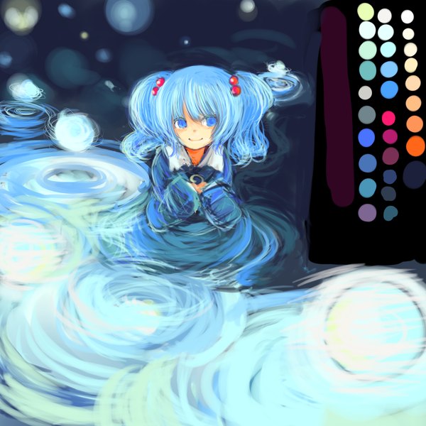 Anime picture 1800x1800 with touhou kawashiro nitori tasu tasuta single long hair highres blue eyes smile twintails blue hair girl water hair bobbles