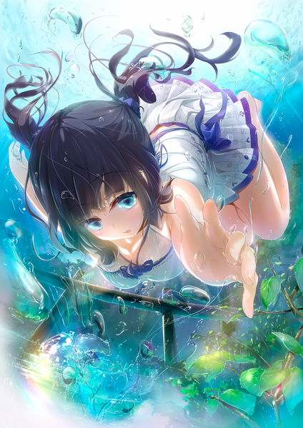 Anime picture 950x1343 with original wingheart single long hair tall image looking at viewer blush breasts open mouth light erotic black hair twintails cleavage barefoot aqua eyes wet underwater revision diving girl