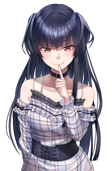 Anime picture 1000x1524 with idolmaster idolmaster shiny colors mayuzumi fuyuko doitsuudon single long hair tall image looking at viewer blush fringe black hair simple background standing white background bare shoulders yellow eyes blunt bangs long sleeves two side up finger to mouth