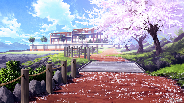 Anime picture 1000x563 with original mocha (cotton) wide image sky cherry blossoms horizon no people landscape flower (flowers) plant (plants) petals tree (trees) building (buildings) stone (stones)