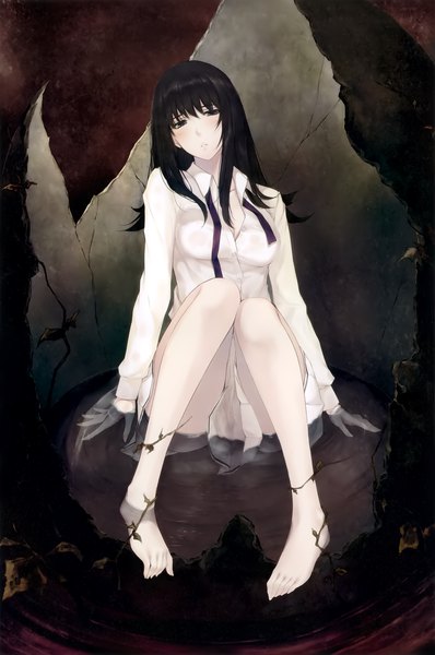 Anime picture 2655x4000 with kara no shoujo innocent grey kuchiki toko sugina miki single long hair tall image looking at viewer blush fringe highres light erotic black hair hair between eyes full body bent knee (knees) pleated skirt barefoot black eyes scan