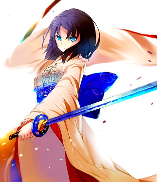 Anime picture 1100x1273 with kara no kyoukai type-moon ryougi shiki aiai (hidetti) single tall image highres short hair blue eyes simple background brown hair looking away traditional clothes japanese clothes wide sleeves floral print fighting stance serious girl weapon