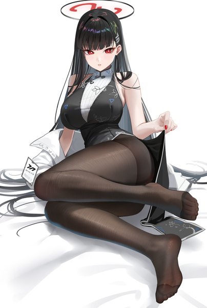 Anime picture 1920x2853 with blue archive rio (blue archive) fh moya single long hair tall image looking at viewer fringe highres breasts light erotic black hair simple background red eyes white background sitting full body blunt bangs nail polish traditional clothes