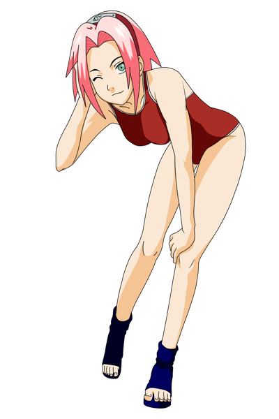 Anime picture 1000x1500 with naruto studio pierrot naruto (series) haruno sakura shugo19 single tall image looking at viewer short hair light erotic bare shoulders green eyes pink hair full body one eye closed wink arm support bare legs leaning adjusting hair