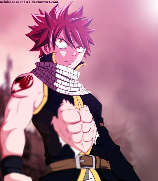 Anime picture 1221x1400 with fairy tail natsu dragneel gray-dous single tall image short hair pink hair sky cloud (clouds) sunlight orange eyes tattoo sleeveless coloring muscle boy scarf wristlet fist