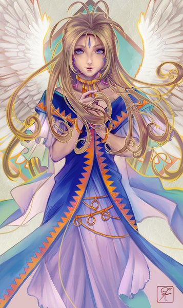 Anime picture 596x1000 with aa megami-sama anime international company belldandy shuu-washuu single long hair tall image looking at viewer open mouth blue eyes simple background brown hair standing signed ahoge floating hair angel wings hands clasped white wings girl