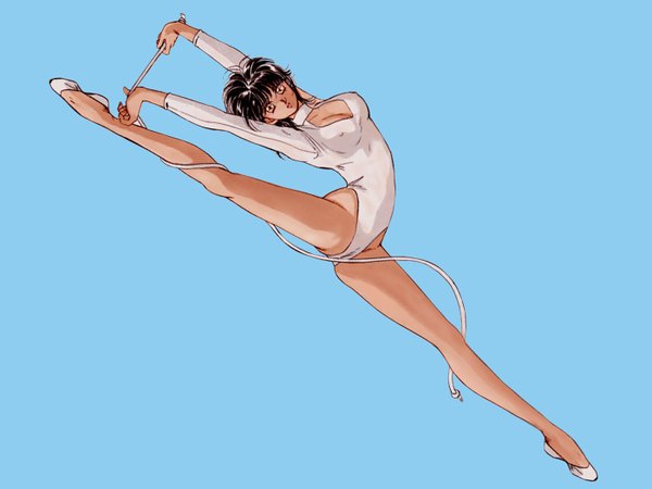 Anime picture 1400x1050 with short hair black hair arms up leg lift (legs lift) silver eyes split leotard rope