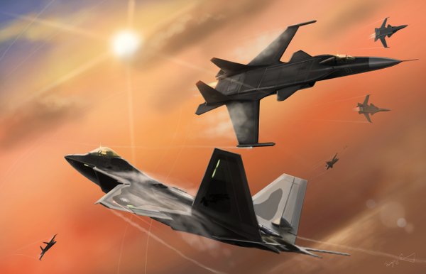 Anime picture 2500x1610 with ace combat thompson highres signed sky cloud (clouds) flying landscape weapon sun airplane jet f-22 s-32