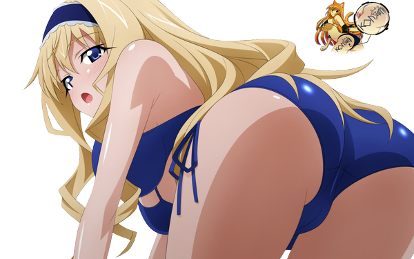 Anime picture 1500x938 with infinite stratos 8bit cecilia orcott konamixx (artist) single long hair blush open mouth blue eyes light erotic blonde hair wide image ass transparent background rendered girl swimsuit