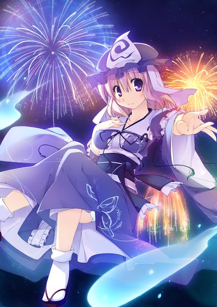 Anime picture 1200x1694 with touhou saigyouji yuyuko t-ray tall image short hair blonde hair purple eyes fireworks girl hat
