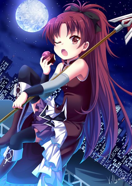 Anime picture 661x935 with mahou shoujo madoka magica shaft (studio) sakura kyouko villyane single long hair tall image open mouth brown eyes ponytail red hair one eye closed wink night night sky city cityscape girl thighhighs dress