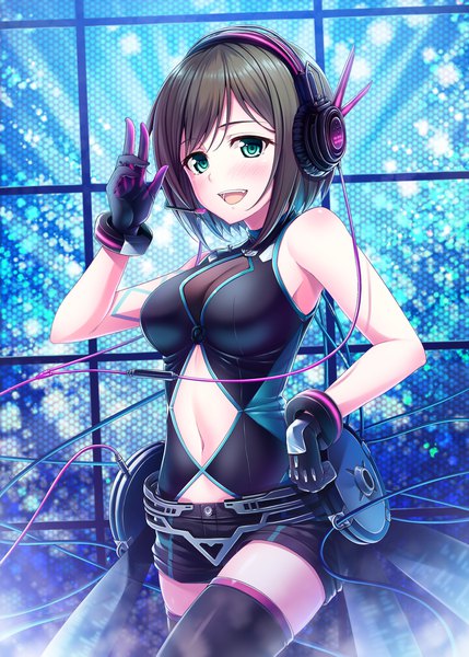 Anime picture 1296x1813 with idolmaster idolmaster cinderella girls idolmaster cinderella girls starlight stage maekawa miku hasumi (hasubatake39) single tall image looking at viewer blush fringe short hair breasts open mouth light erotic smile brown hair bare shoulders green eyes :d teeth