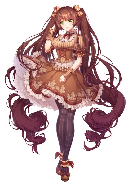 Anime picture 3274x4754 with original guliangdun single tall image looking at viewer highres simple background brown hair white background green eyes absurdres very long hair drill hair girl dress bow hair bow pantyhose frills striped pantyhose