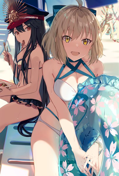 Anime picture 948x1400 with fate (series) fate/grand order okita souji (fate) (all) oda nobunaga (fate) (all) katsushika hokusai (fate/grand order) katsushika hokusai (swimsuit saber) (fate) okita souji (swimsuit assassin) (fate) oda nobunaga (swimsuit berserker) (fate) mocha (mokaapolka) long hair tall image looking at viewer fringe short hair breasts open mouth light erotic black hair blonde hair hair between eyes