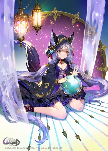 Anime picture 1000x1385 with unleashed tob single tall image blush sitting twintails signed animal ears yellow eyes cleavage silver hair purple hair tail very long hair animal tail lips shiny skin low twintails magic
