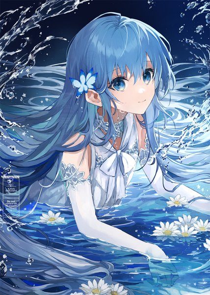 Anime picture 800x1122 with original shiromine kana single tall image looking at viewer fringe blue eyes hair between eyes blue hair very long hair partially submerged girl gloves hair ornament flower (flowers) water elbow gloves white gloves butterfly hair ornament daisy