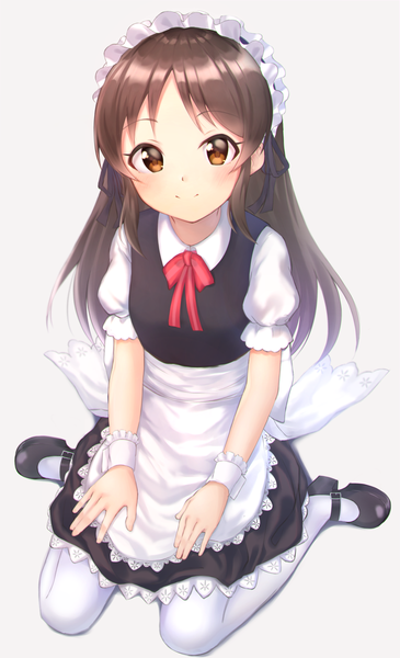 Anime picture 810x1329 with idolmaster idolmaster cinderella girls tachibana arisu cotrpopor single long hair tall image looking at viewer blush fringe simple background smile brown hair white background sitting brown eyes payot full body maid wariza