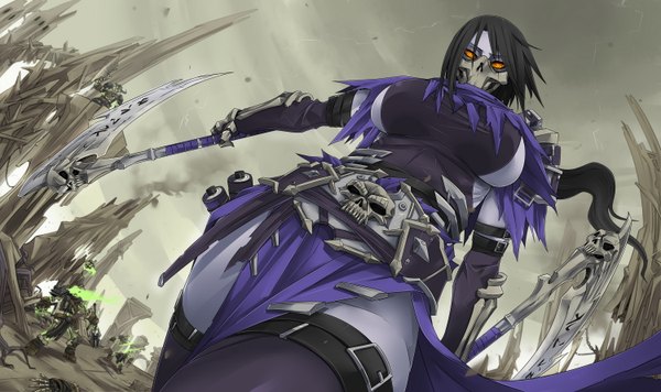 Anime picture 3000x1784 with league of legends darksiders (game) akali (league of legends) exaxuxer single long hair looking at viewer highres breasts light erotic black hair wide image large breasts yellow eyes looking down girl thighhighs weapon black thighhighs scythe