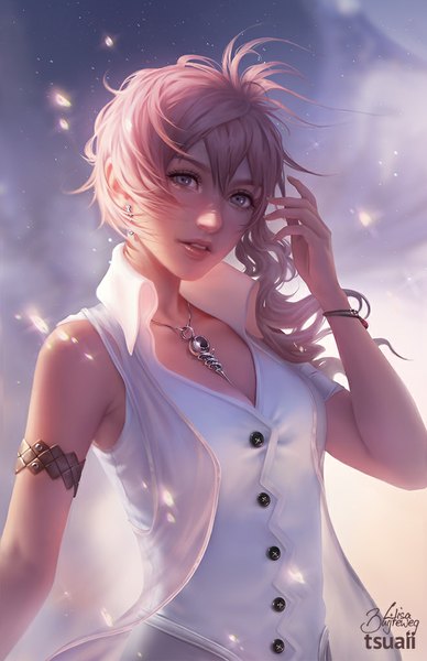 Anime picture 660x1020 with final fantasy final fantasy xiii square enix serah farron tsuaii zolaida (artist) single long hair tall image looking at viewer fringe breasts blonde hair hair between eyes signed cleavage upper body parted lips lips realistic