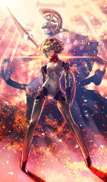 Anime picture 707x1200 with persona 3 persona aegis boyaking(sbf) single tall image looking at viewer short hair blonde hair full body aqua eyes inscription copyright name mechanical parts knight girl weapon hairband helmet spear