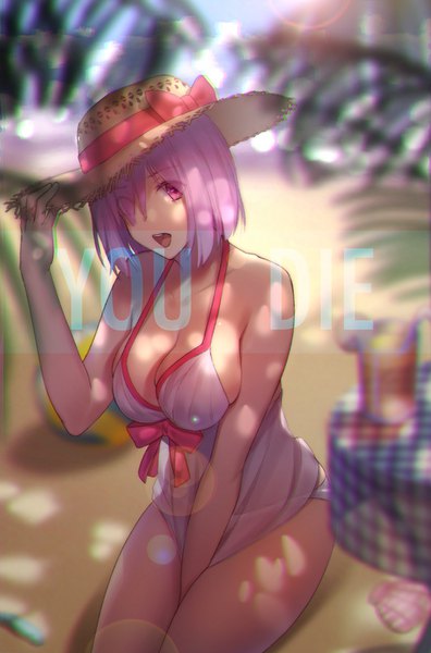 Anime picture 1000x1516 with fate (series) fate/grand order mash kyrielight mash kyrielight (swimsuit of perpetual summer) qiongsheng single tall image looking at viewer fringe short hair breasts open mouth light erotic large breasts pink hair cleavage outdoors pink eyes sunlight blurry