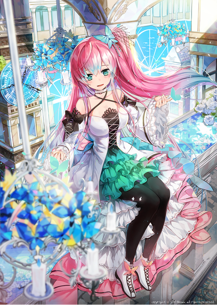 Anime picture 630x883 with original bosack single long hair tall image fringe hair between eyes sitting bare shoulders payot pink hair full body aqua eyes side ponytail gradient hair butterfly on hand girl dress hair ornament flower (flowers)