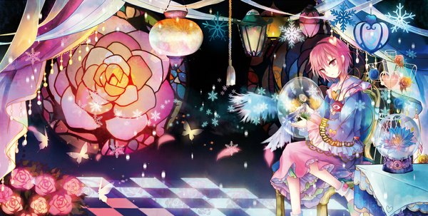 Anime picture 1110x561 with touhou komeiji satori kazu (muchuukai) single short hair wide image sitting holding pink hair pink eyes looking down checkered floor floor girl flower (flowers) wings frills rose (roses) insect butterfly