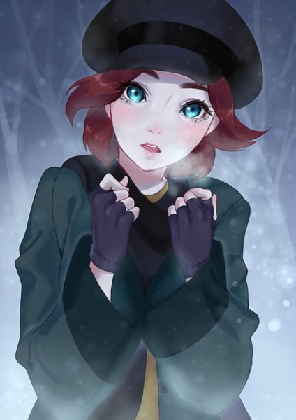 Anime picture 777x1100 with anastasia (disney) disney anastasia (character) moochirin (artist) single tall image looking at viewer blush short hair open mouth blue eyes upper body outdoors red hair long sleeves lips wide sleeves teeth snowing winter