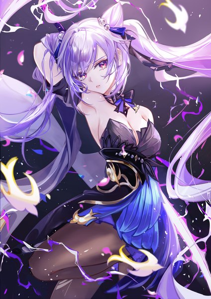Anime picture 1979x2800 with genshin impact keqing (genshin impact) keqing (opulent splendor) (genshin impact) vardan single long hair tall image looking at viewer fringe highres breasts light erotic simple background large breasts standing purple eyes twintails payot purple hair bent knee (knees)