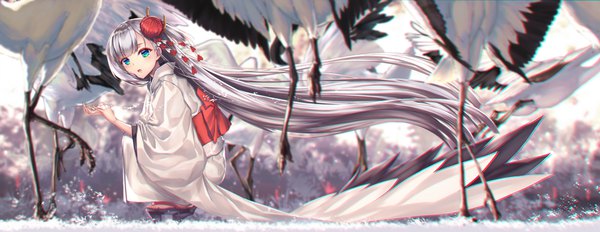Anime picture 3868x1500 with azur lane shoukaku (azur lane) aono meri single looking at viewer blush fringe highres open mouth blue eyes wide image silver hair full body outdoors very long hair traditional clothes japanese clothes wind mole depth of field