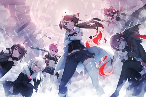 Anime picture 1700x1133 with original pixiv fantasia pixiv fantasia t qian ye (qys3) tian ling (qys3) qys3 long hair looking at viewer fringe short hair black hair smile red eyes brown hair standing sitting bare shoulders multiple girls holding pink hair