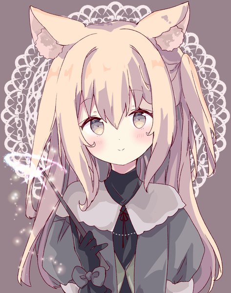 Anime picture 2188x2777 with original tsukiyo (skymint) single long hair tall image looking at viewer blush fringe highres blonde hair smile hair between eyes animal ears yellow eyes upper body two side up girl wand