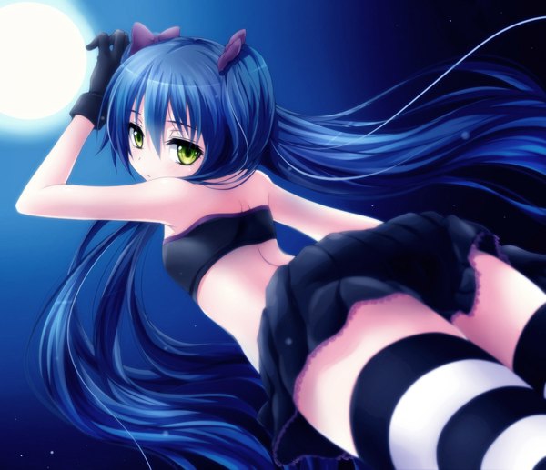 Anime picture 1000x863 with original watarui single long hair looking at viewer blush fringe light erotic standing twintails bare shoulders green eyes blue hair head tilt pleated skirt looking back night from below night sky bare back