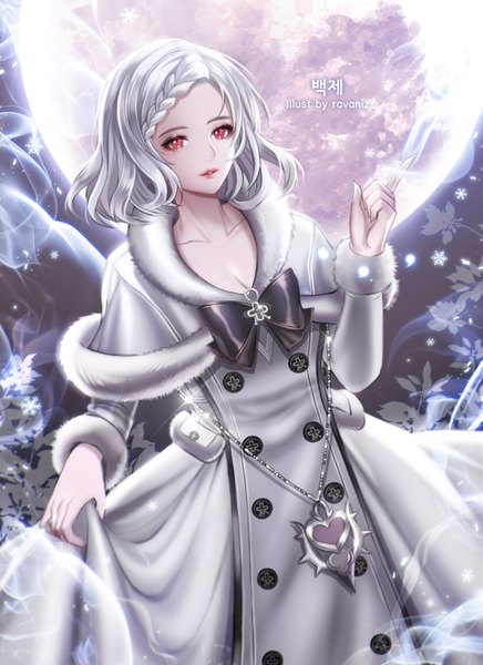 Anime picture 1140x1567 with blade & soul ravaniz single tall image looking at viewer short hair signed white hair braid (braids) parted lips pink eyes inscription dutch angle fur trim lipstick glowing hieroglyph double buttons girl dress
