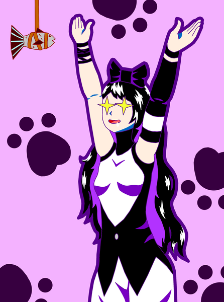 Anime picture 2481x3335 with rwby rooster teeth blake belladonna fenno7 single long hair tall image fringe highres open mouth black hair simple background smile multicolored hair arms up two-tone hair sparkle pink background saliva paw print