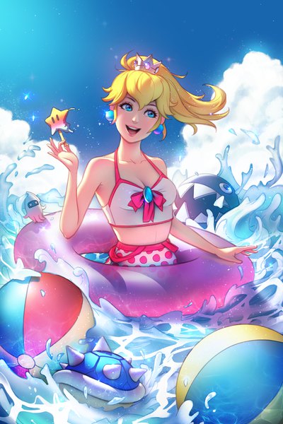 Anime picture 3600x5400 with super mario bros. princess peach tsuaii zolaida (artist) single long hair tall image highres open mouth blue eyes blonde hair smile bare shoulders looking away absurdres sky cleavage cloud (clouds) ponytail realistic