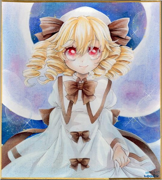 Anime picture 1344x1500 with touhou luna child mosho single tall image looking at viewer blush short hair blonde hair smile red eyes signed drill hair border traditional media watercolor (medium) girl dress bow hat