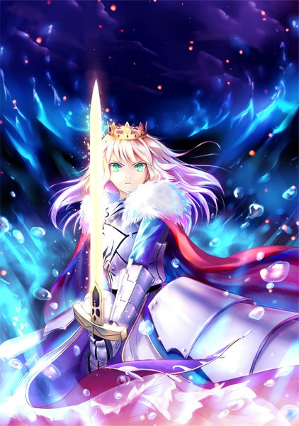 Anime picture 1677x2385 with fate (series) fate/grand order fate/stay night artoria pendragon (all) saber saber ruri single long hair tall image looking at viewer blonde hair holding green eyes parted lips multicolored hair wind fur trim fighting stance serious glowing weapon