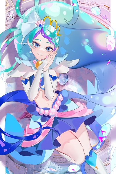 Anime picture 1920x2877 with precure go! princess precure toei animation kaidou minami cure mermaid nani (s2 nani) single tall image looking at viewer highres blue eyes smile bent knee (knees) very long hair aqua hair midriff side ponytail outside border hands clasped magical girl