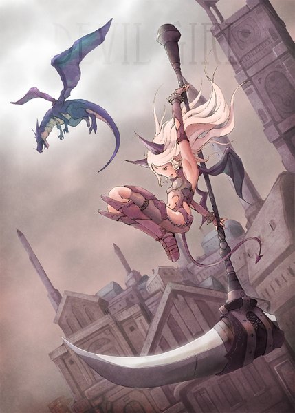 Anime picture 1143x1600 with original satyuas single long hair tall image blonde hair holding cloud (clouds) full body bent knee (knees) tail horn (horns) text outstretched arm dark skin looking down happy demon girl english demon tail