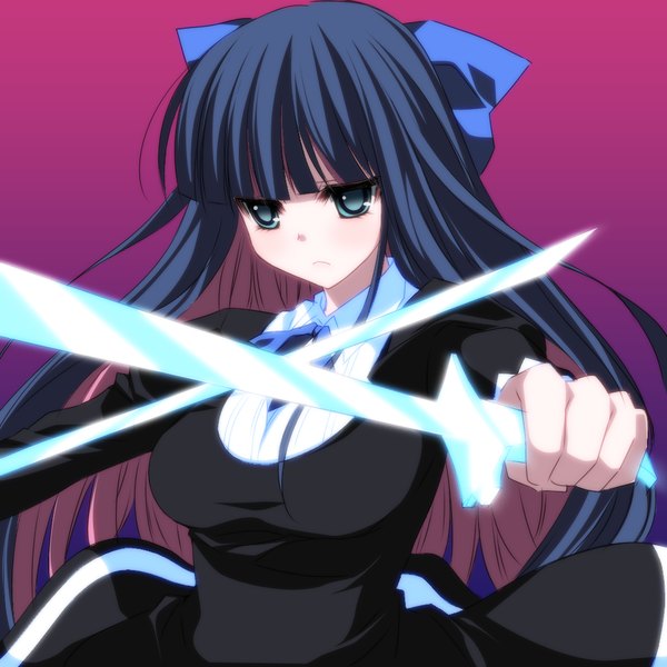 Anime picture 1000x1000 with panty & stocking with garterbelt anarchy stocking po (pixiv) single long hair blue eyes blue hair multicolored hair colored inner hair girl dress bow weapon hair bow sword