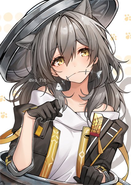 Anime picture 700x988 with honkai: star rail honkai (series) trailblazer (honkai: star rail) stelle (honkai: star rail) tyyni single long hair tall image fringe hair between eyes holding signed animal ears yellow eyes tail animal tail grey hair cat ears cat girl cat tail