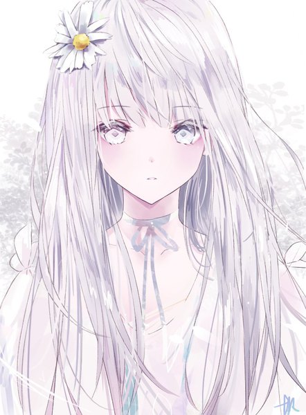 イラスト 755x1025 と オリジナル tr (hareru) ソロ 長髪 長身像 赤面 白背景 銀髪 hair flower white eyes 女の子 花 リボン