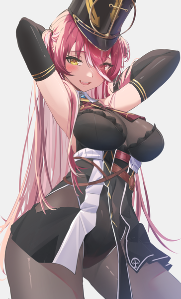 Anime picture 1772x2923 with virtual youtuber hololive houshou marine houshou marine (marching band) reulem single long hair tall image looking at viewer blush fringe highres breasts open mouth light erotic simple background hair between eyes large breasts red hair :d