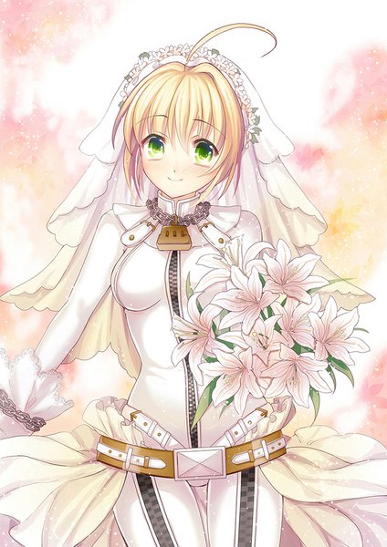 Anime picture 721x1020 with fate (series) fate/extra fate/extra ccc type-moon nero claudius (fate) (all) nero claudius (fate) nero claudius (bride) (fate) philomelalilium single tall image looking at viewer blush short hair blonde hair smile green eyes ahoge wedding girl dress