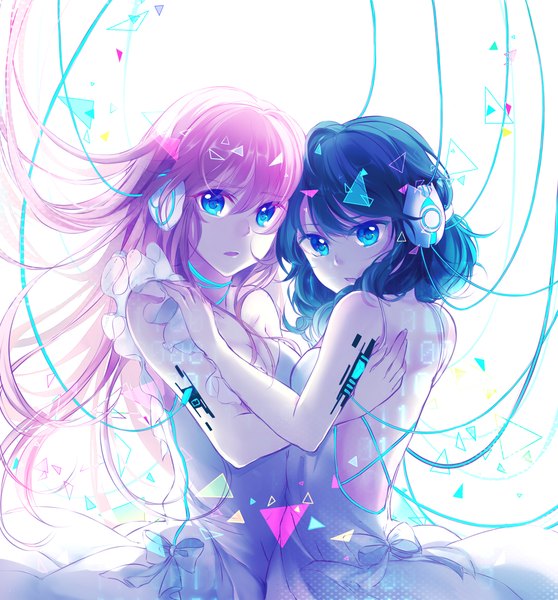 Anime picture 1024x1101 with vocaloid megurine luka avanna kirame kirai (artist) long hair tall image short hair breasts open mouth blue eyes black hair simple background white background multiple girls pink hair hug breast press cover album cover girl