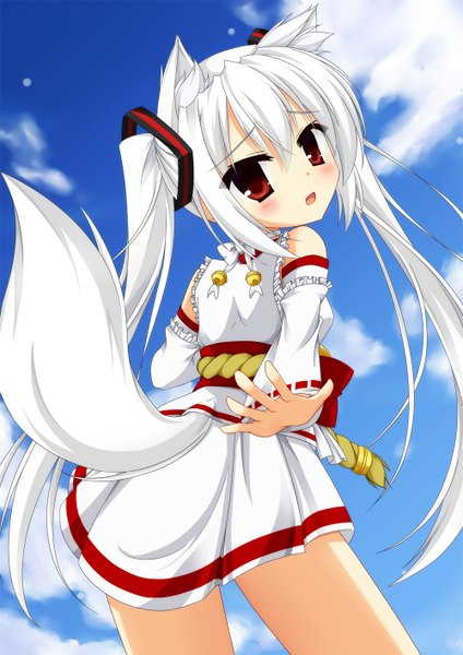 Anime picture 1000x1414 with original mizune inori single long hair tall image blush open mouth red eyes twintails animal ears cloud (clouds) white hair animal tail girl detached sleeves