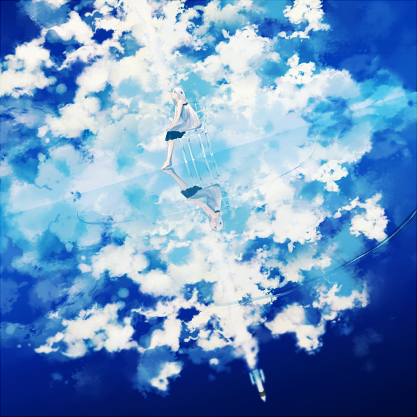 Anime picture 900x900 with original achiki single long hair blue eyes sitting sky cloud (clouds) white hair barefoot reflection looking up scenic girl dress hair ornament water chair spacecraft rocket ship