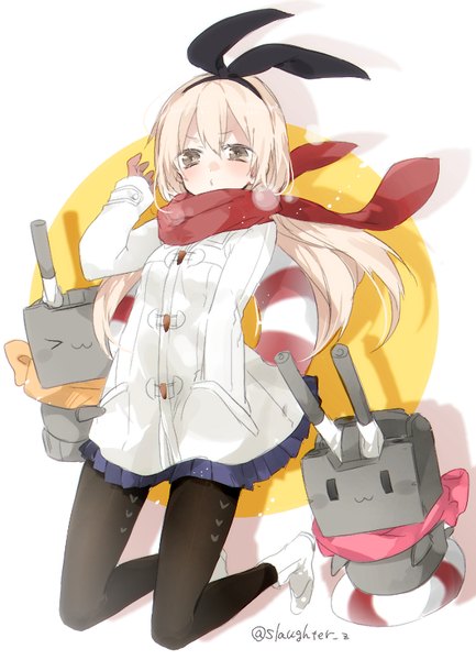 Anime picture 600x830 with kantai collection shimakaze destroyer rensouhou-chan sino (sionori) single long hair tall image blush blonde hair simple background hair between eyes white background brown eyes signed looking away wind shadow alternate costume kneeling exhalation